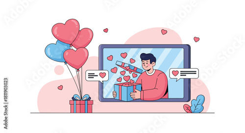 Man on screen opens gift box filled with hearts, surrounded by balloons and gifts.