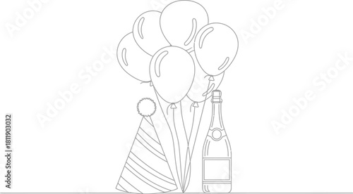 Celebration outline with balloons party hat and champagne bottle illustration