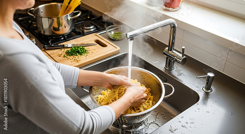 A woman rinses freshly cooked pasta, capturing the essence of culinary preparation in a well-lit kitchen. The photo radiates warmth and hints at the comfort of a home-cooked meal.