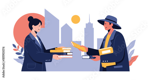Two people in professional attire exchanging books in front of a city skyline illustration.