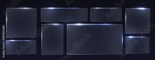 Transparent Glass Frames Set with Shiny Light Effects on Dark Checkerboard Background