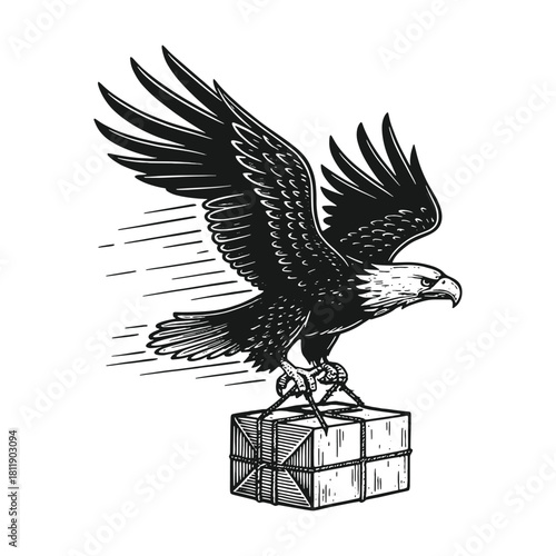 Vintage monochrome etching of a fast-flying bald eagle carrying a delivery box, symbolizing rapid shipping, courier service, and delivery solutions in a retro vector illustration.