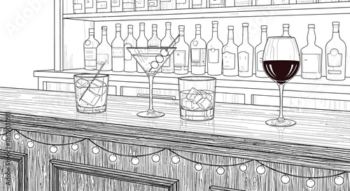 Line art of cocktails and wine glasses on a bar with bottles in the background