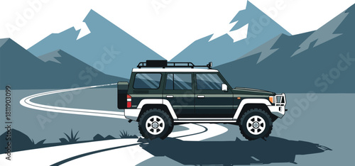 Off road vehicle driving through mountain landscape on a winding dirt road trip