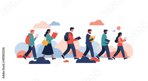 Diverse group of people walking and reading books or using phones with colorful clouds in background.