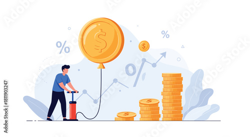 Man inflating a balloon shaped like a coin with a pump, symbolizing financial growth.