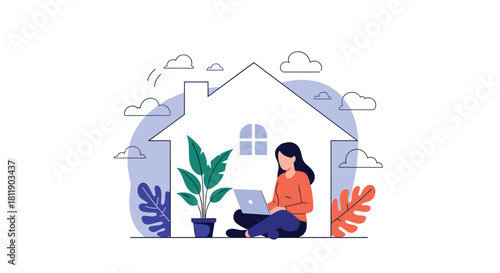Illustration of a woman working on a laptop inside a house outline with plants and clouds.