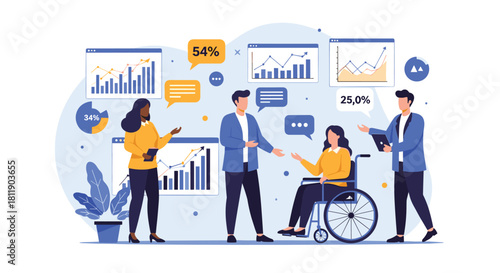Diverse team collaborating on data charts with people in a wheelchair.