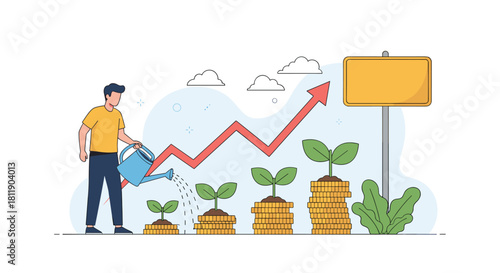 Man watering plants growing on stacks of coins, symbolizing financial growth and investment.