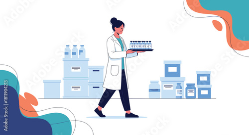 Scientist in lab coat carrying tray of vials past shelves of medical supplies.