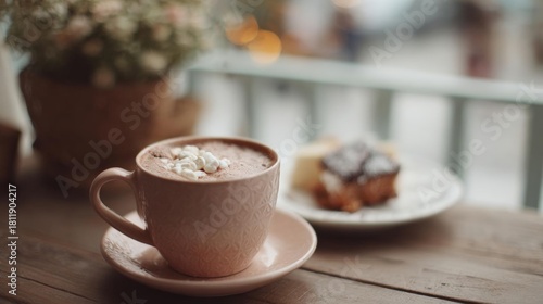 Fototapeta Naklejka Na Ścianę i Meble -  Cup of hot chocolate on a wooden table. the cup is pink and has a saucer underneath it. the hot chocolate is topped with a dollop of whipped cream.
