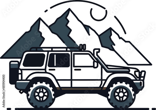 Off road vehicle adventure illustration with mountains and minimalist design style