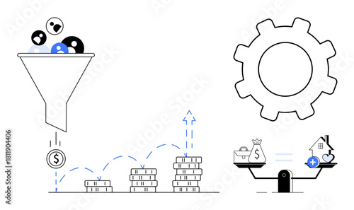 Financial growth. A funnel shows customer filtering and investment growth. Financial growth include automation, user acquisition, wealth management, fintech solutions, and business processes