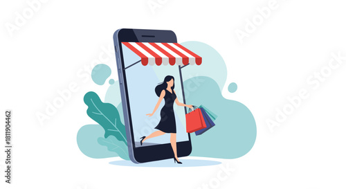 Illustration of a woman with shopping bags emerging from a smartphone screen with an awning.