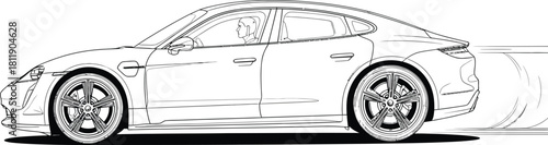 Sleek electric car driving fast in a line art illustration on a white background