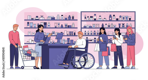 Diverse group of shoppers in a modern store with shelves stocked with products.