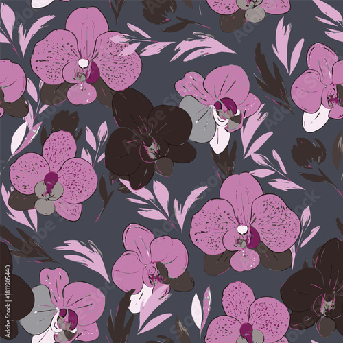 Luxury seamless pattern with vibrant pink and yellow tropical orchids on a smooth background. Perfect for textile print, fashion, wallpaper, and fabric design.