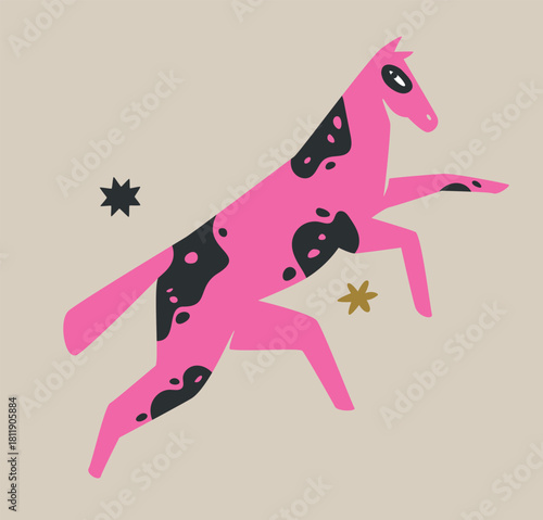 Spotted pink prancing horse. Playful abstract animal vector illustration