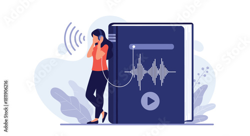Woman listening to an audiobook on headphones next to a large book with sound waves.