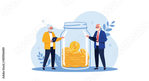 Elderly couple reviewing finances and savings in a jar of coins.
