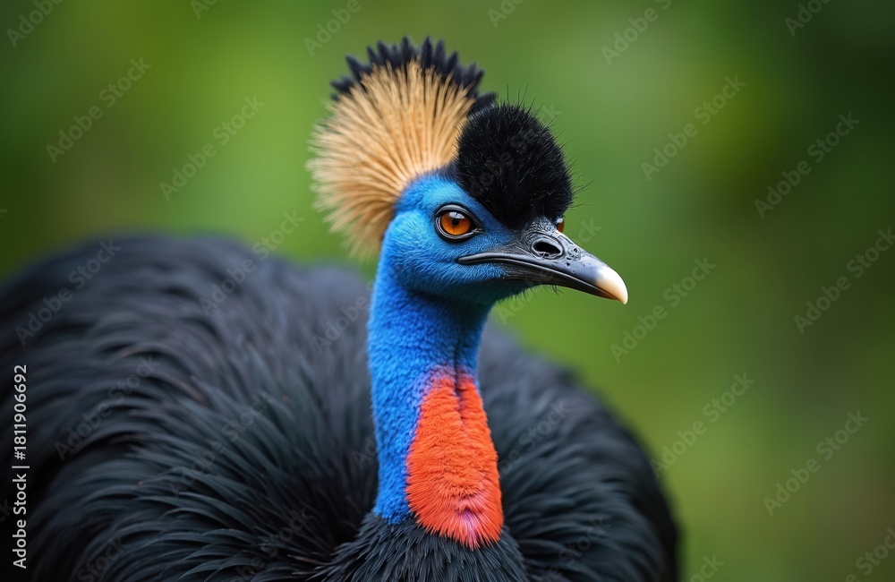 Obraz premium Close up portrait of southern cassowary against green background. Bird has unique blue neck red throat wattles and helmet. Colorful plumage defines its tropical rainforest habitat beauty.