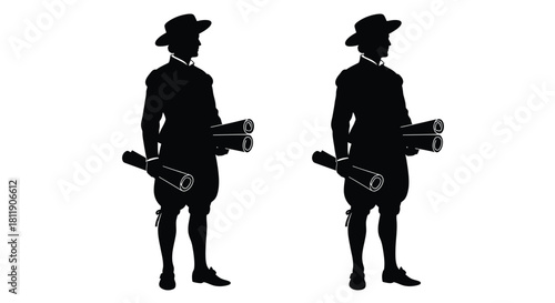 Two silhouetted figures with hats and rolled maps stand facing forward