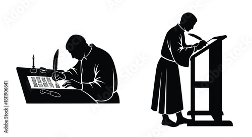 Two figures engaged in scholarly activities writing and reading