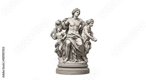 Classical sculpture depicting a seated figure with two accompanying cherubic figures