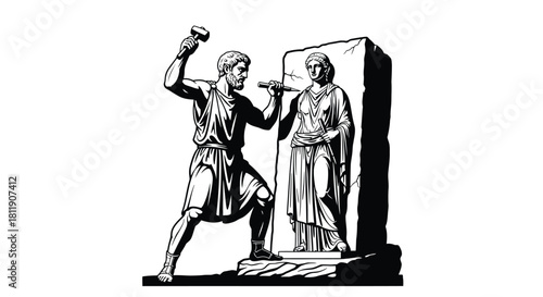 A classical scene depicting a sculptor chiseling a statue with an assistant