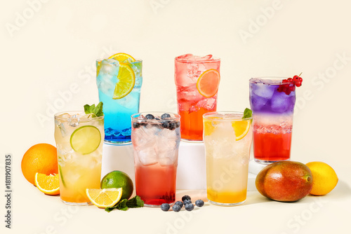 Obraz na plátně Fruit lemonades against a light beige background