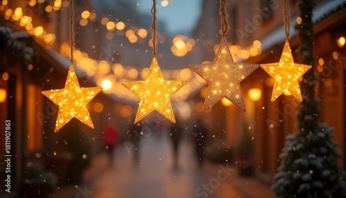 A child's bedroom decorated for Christmas, with golden star decorations hanging softly above the bed, blurred pink and gold festive lights, and a dreamy, soft glow.