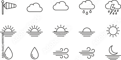 Weather icon set linear style vector graphic forecast elements concept