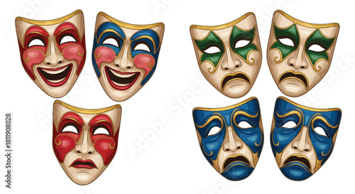 A collection of colorful theatrical masks displaying varied emotional expressions