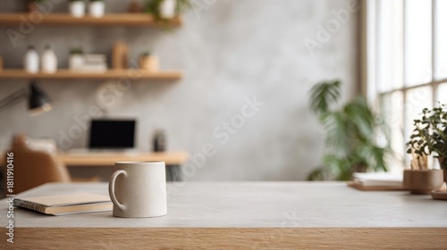 Wallpaper Mural Modern home office with a wooden desk in the foreground. on the desk, there is a white ceramic mug with a handle and a notebook open in front of it. Torontodigital.ca