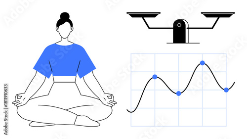 Calm woman meditating, graph with data points, and weighing scale signifying peace, analytics, and equilibrium. Ideal for wellness, balance, stress relief, strategy growth mindfulness