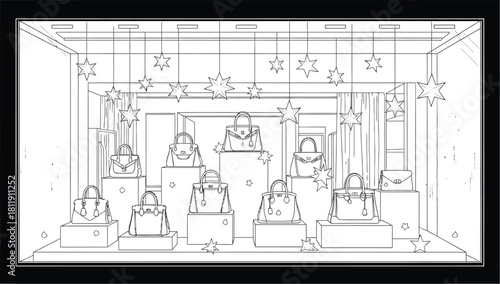 Elegant handbag collection displayed in a luxury boutique window with star decor