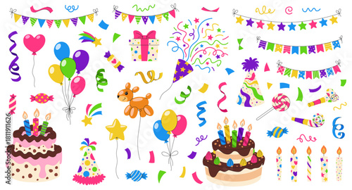 Happy Birthday vector set. Festive balloons, party poppers, cake and sweets, streamers and candles, whistles and party hats, and garlands of flags. Elements for greetings and party invitations.
