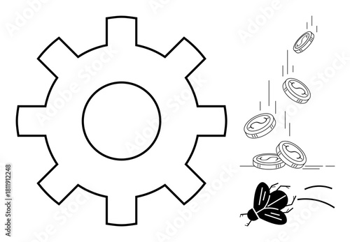 Large gear next to coins falling in motion and a buzzing fly. Ideal for themes thumbs up economy, loss, malfunction, industry, inefficiency, production, and labor. Simple flat metaphor