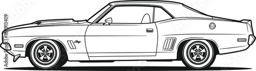 Detailed line art illustration of a classic muscle car on a white background