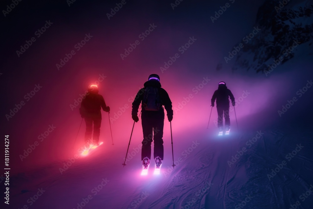 Fototapeta premium Skiers illuminated by vibrant lights glide through misty winter