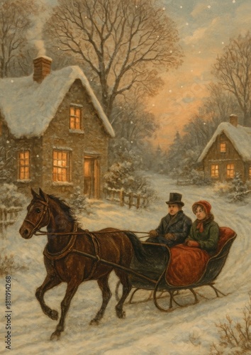 Vintage winter sleigh ride scene.