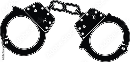 Black and white detailed illustration of metal handcuffs connected by chain symbolizing law enforcement, security, restraint, crime prevention, and police control