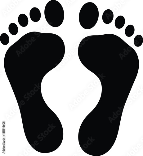 Black footprint silhouette illustration showing simple human feet design, minimalist barefoot icon for creative graphic projects, symbols, prints, and vector artwork