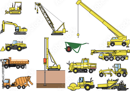 Various yellow construction vehicles and equipment are depicted in a flat illustration.