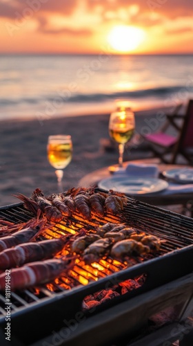 Grilled seafood, shrimp, and squid on the beach and sand at sunset