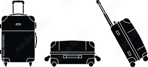 Black silhouette travel luggage set with upright horizontal and rolling suitcases isolated on white background for modern travel design purposes