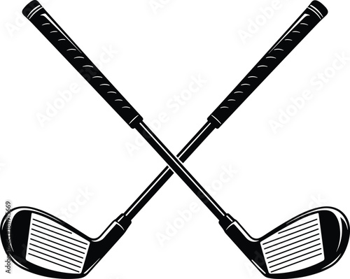Classic crossed golf clubs illustration symbolizing sport competition training equipment design in black and white style for athletic branding purposes