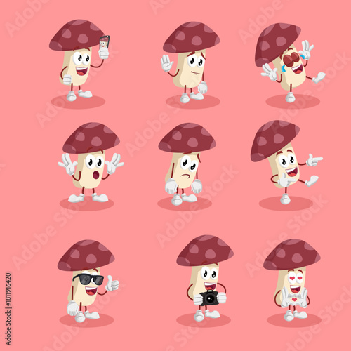 Red Cap Mushroom Mascot Character Set with Various Poses and Expressions)