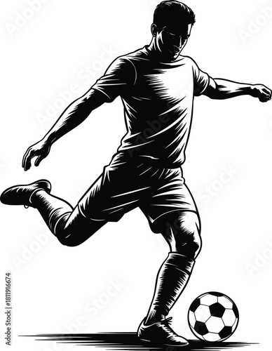 Dynamic black and white silhouette illustration of a soccer player kicking a football with powerful motion for sports design and branding purposes