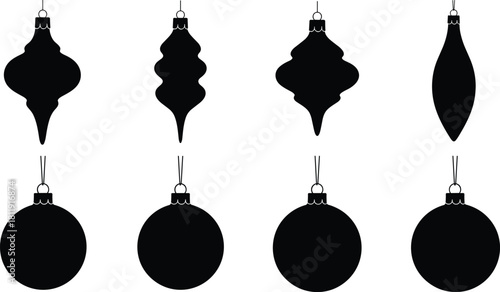 Elegant black Christmas ornament silhouettes featuring classic round and vintage shapes for holiday decoration, festive design elements, winter celebration graphics